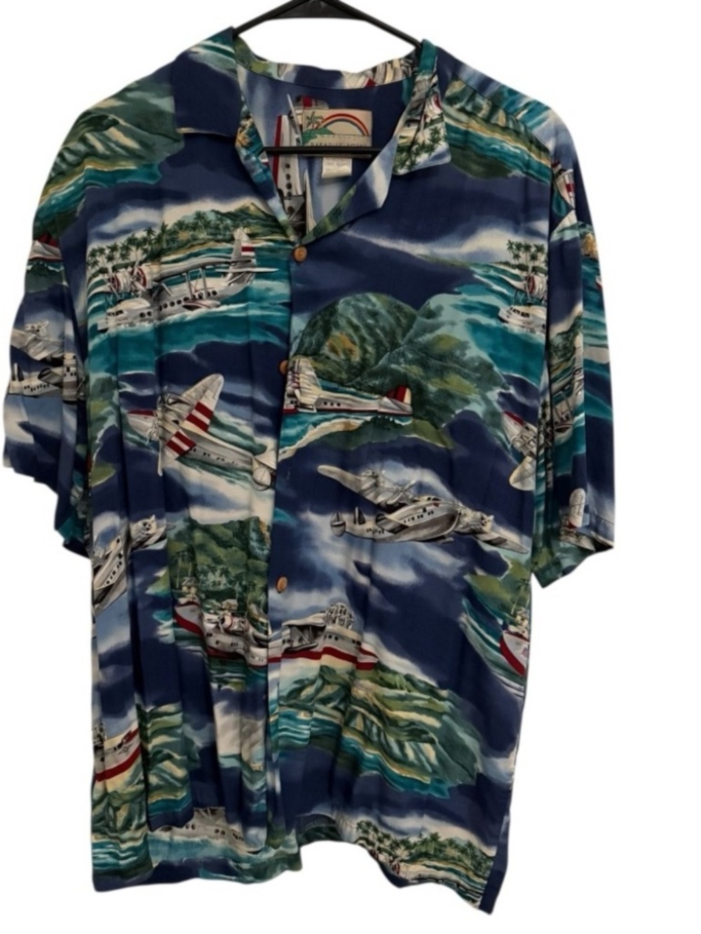 Paradise Found Vintage Hawaiian Shirt XL Rayon Honolulu Hawaii Airplane Aloha